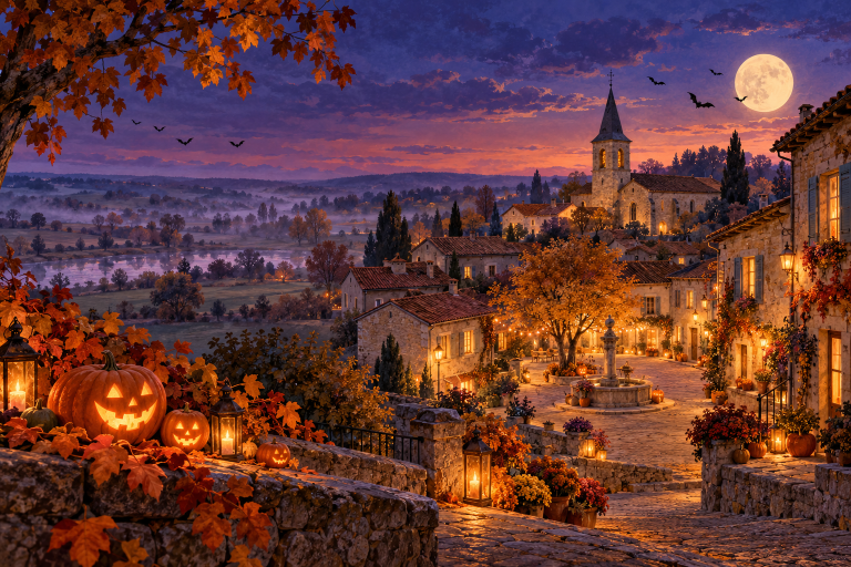 Illustration d’un village imaginaire à Halloween, avec des citrouilles lumineuses et des feuilles d’automne.