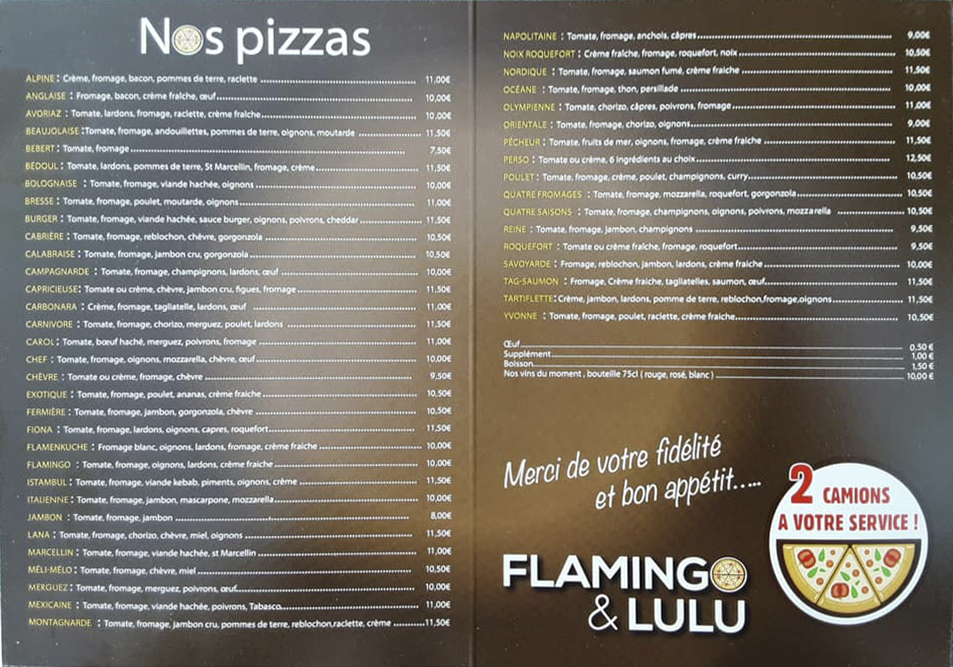 Carte des pizzas de Lulu Pizza (coté verso))